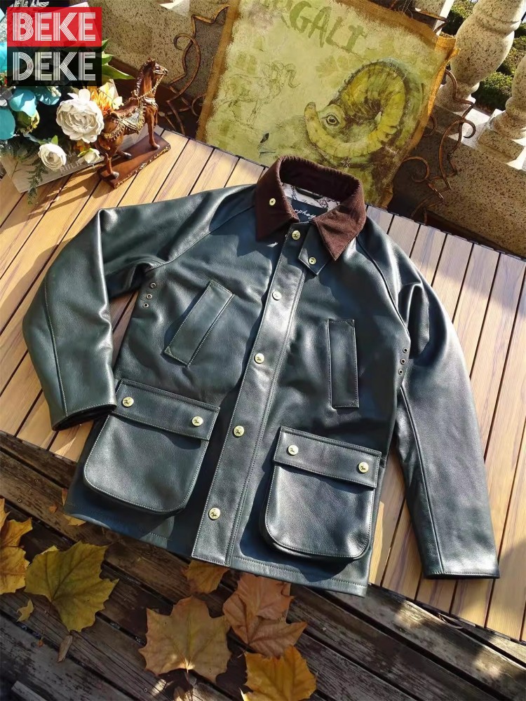 Leather Work Jacket Mens - Heren echte koe lederen jas jachtjas