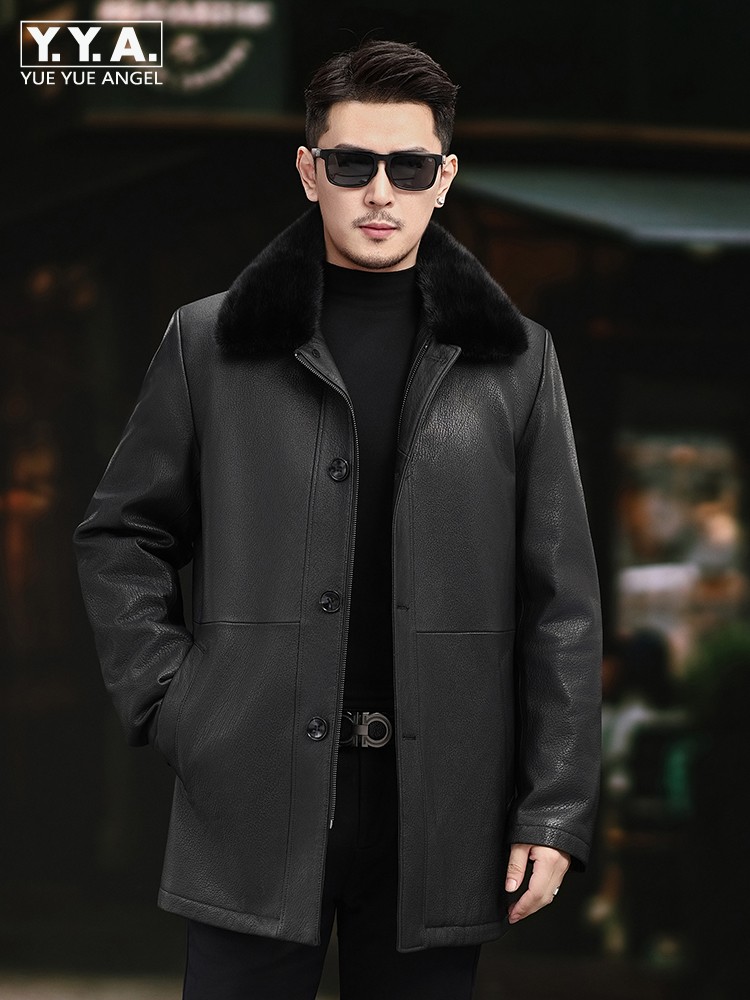Leather Work Jacket Mens - Luxe Mannen Winter Echte Nertsen Bont