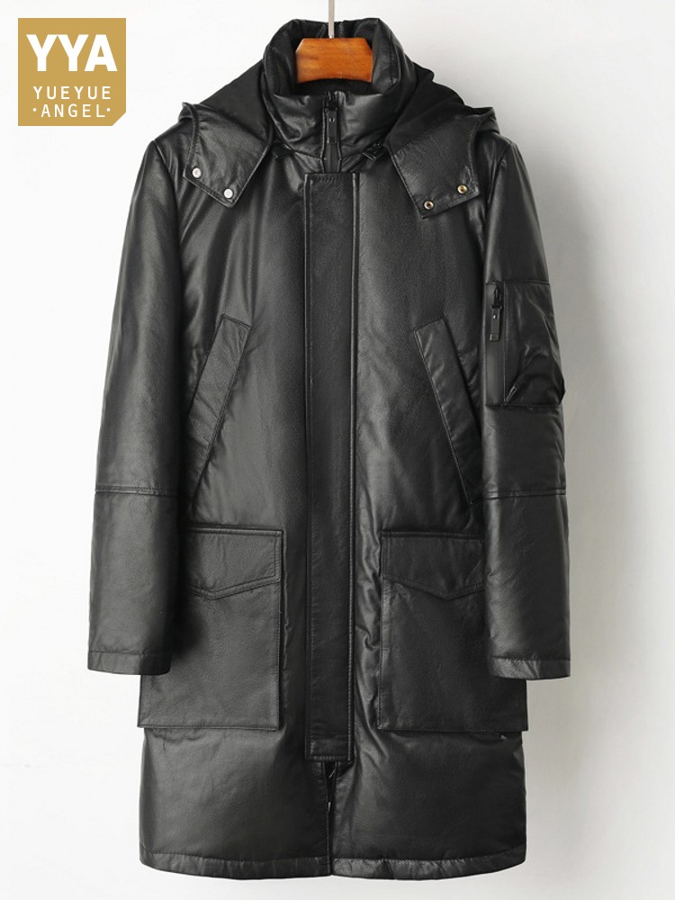 Leather Work Jacket Mens - Winter Mannen Warme Koeienhuid Lederen Donsjack