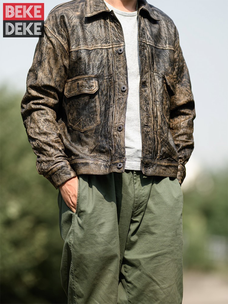 Vintage gerimpelde echte schap - Leather Work Jacket Mens recensie en prijs